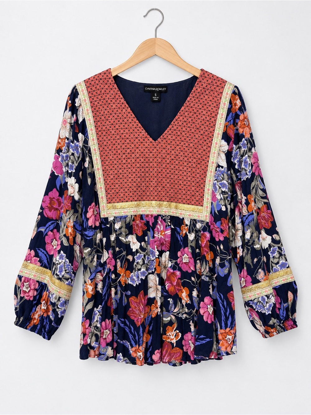 Cynthia Rowley Navy Multicolor Floral Peasant Blouse Women’s 2X Boho Whimsy